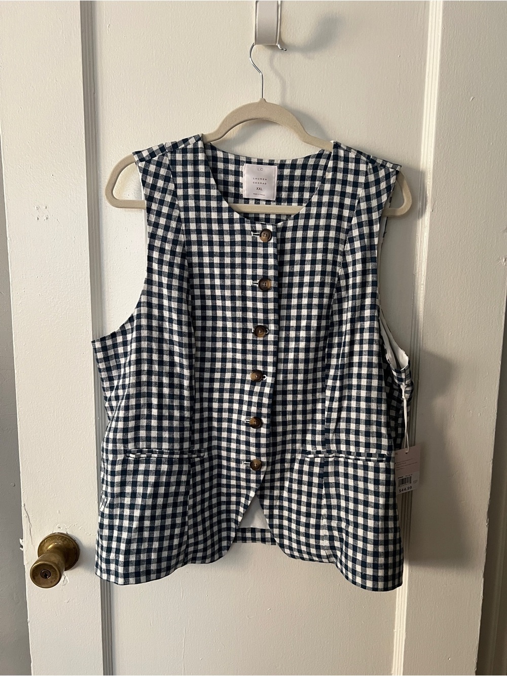 LC Lauren Conrad Navy and White Gingham Button-Front Sleeveless Vest